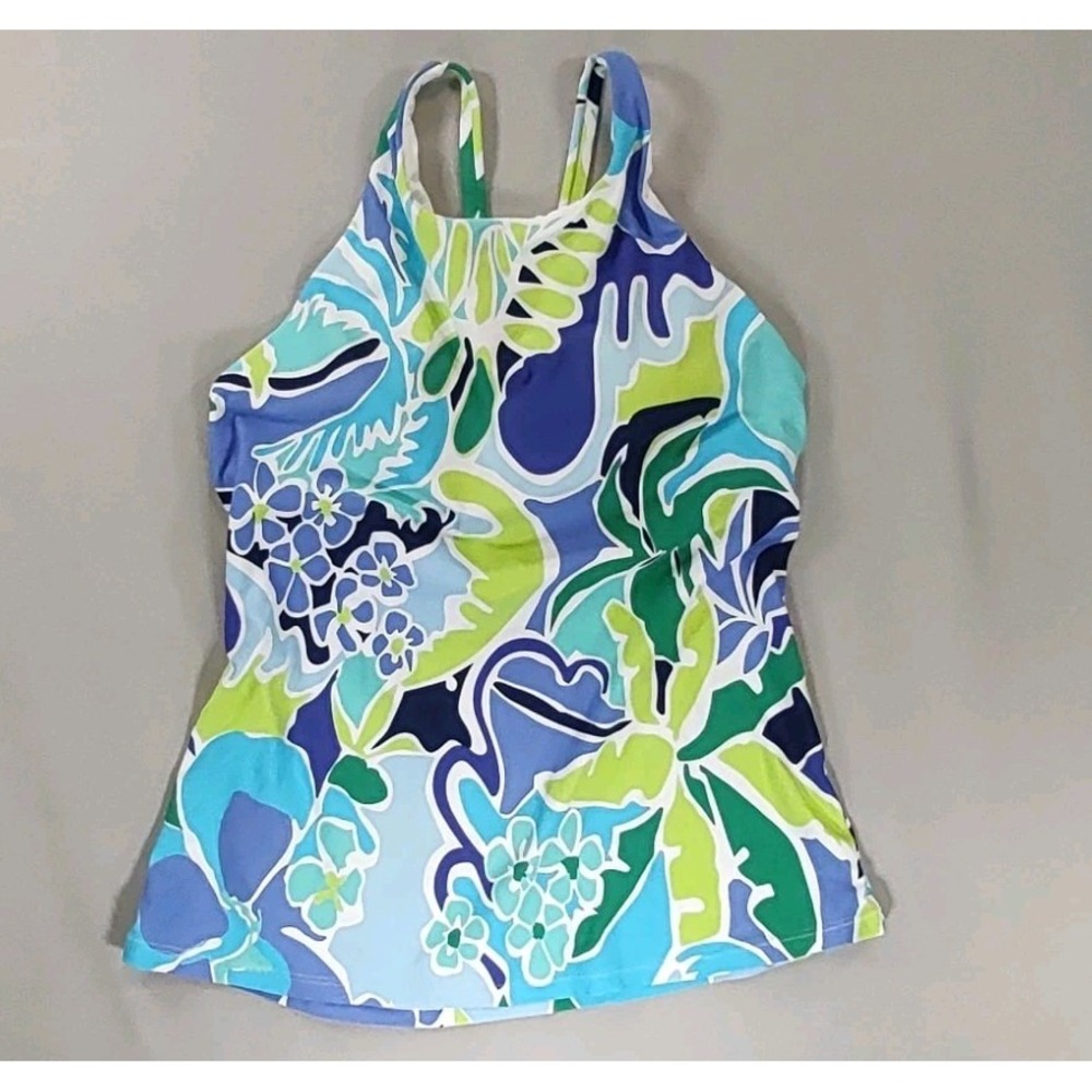 NAUTICA navy/blue blousy Resort cross back tankini Top size Med Tropical Beachy